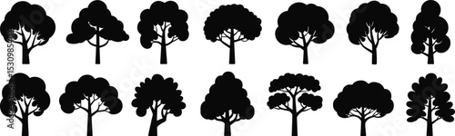 Tree silhouette vector bundle, various tree shapes, natural forest design, black tree icons, minimal foliage clipart for eco illustrations