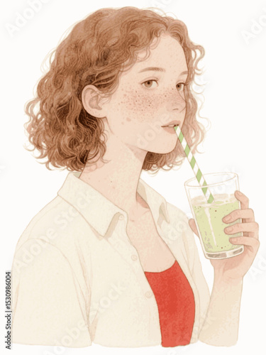Fresh Pause Woman drinking smoothie isolated watercolor vector illustration svg