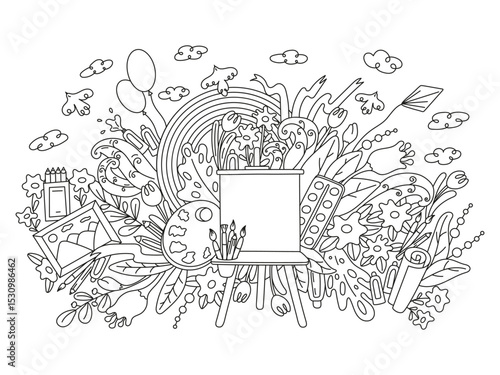 oloring page, only black lines without fill. Flower banner design. Sketch, illustration depicting flowers, leaves, rainbow, easel, art brushes, paints, pencils.