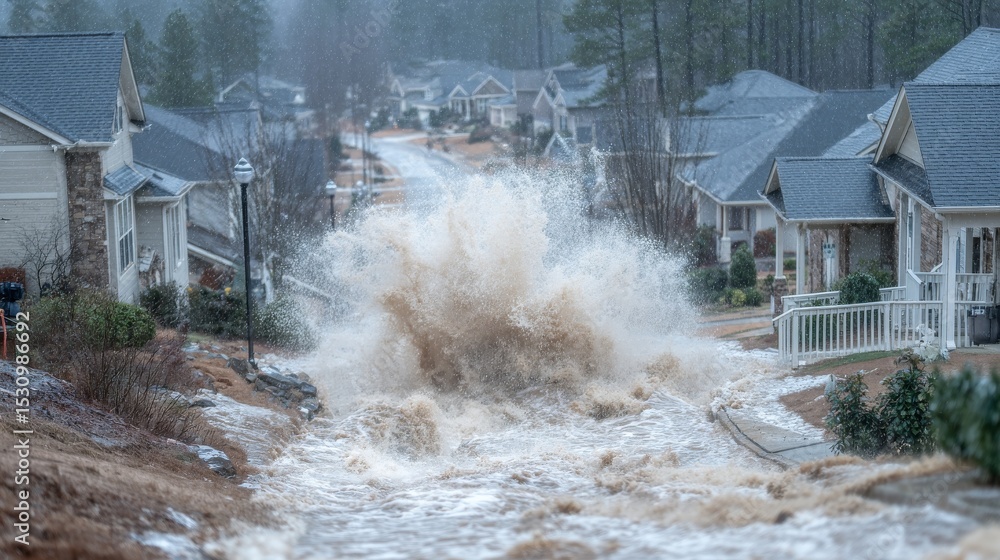 Floodwaters are submerging roads and neighborhoods, highlighting the devastating impact of natural disasters on residential communities Floodwaters are submerging roads and neighborhoods, highlighting the devastating impact of natural disasters on residential communities
