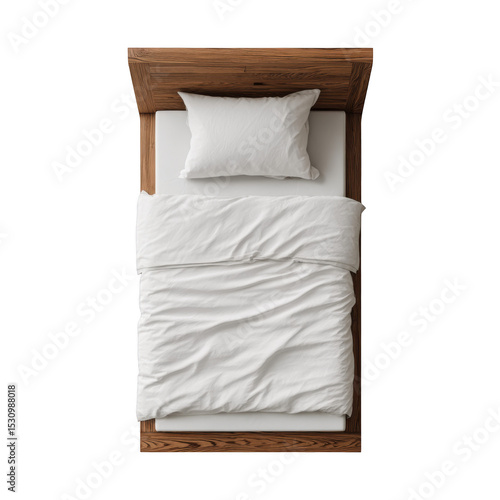 Aerial view of a single bed with white linens and a wooden frame against a black background space
