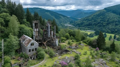 Wallpaper Mural Drone view of a derelict industrial complex, rust-stained buildings and skeletal metal beams contrasting against the green hills and forest reclaiming the site Torontodigital.ca