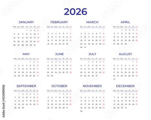 Calendar 2026 year. Week starts on Monday. Calendar template for 2026 in classic strict style. Wall, table calendar. Restrained business design for notebook and planner. Vector illustration isolated