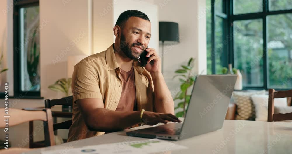 Documents, laptop and phone call with remote work man in home office for financial planning. Computer, conversation and finance with happy freelance employee in apartment for budget or investment Documents, laptop and phone call with remote work man in home office for financial planning. Computer, conversation and finance with happy freelance employee in apartment for budget or investment