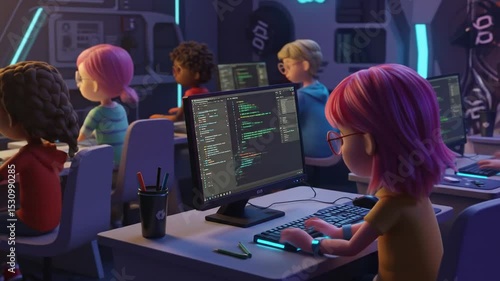Animated cartoon characters learning and programming on computers in a modern computer room