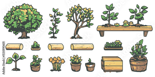 Various minimalist flat vector illustrations of plants and gardening elements in a 2D style suitable for design projects
