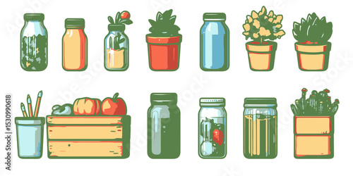 Minimalist flat vector illustration of garden essentials featuring plants, jars, and supplies for home gardening and food preservation