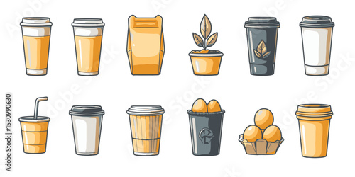 Minimalist flat vector illustration of beverage containers and eco-friendly packaging in a modern style