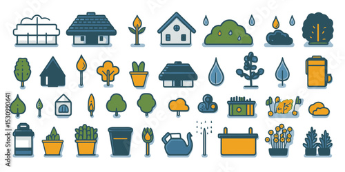 Colorful minimalist flat vector illustration icon set featuring nature, plants, and home elements for design projects