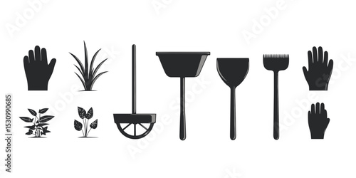 Garden tools silhouettes for composting and gardening activities in a vector design