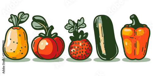 Minimalist flat vector illustration of various vegetables arranged in a simple icon set perfect for culinary and dietary themes