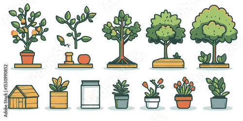 Vector illustration icon set featuring various plants, trees, and gardening tools in a minimalist style
