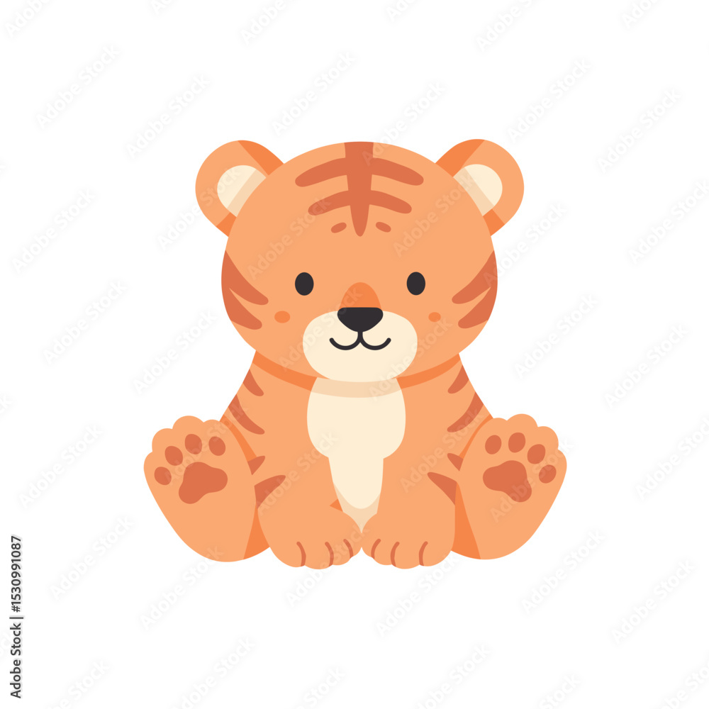 Fototapeta premium Illustration of a cartoon tiger cub's head, chest and paws on a white background