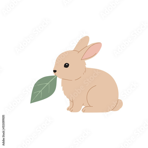 Illustration of a tan rabbit eating a green leaf against a white background