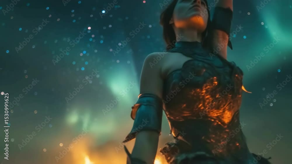 Northern lights illuminating powerful warrior woman performing ritualistic dance beside burning fire, embodying mystical energy of wilderness landscape under starry night sky Northern lights illuminating powerful warrior woman performing ritualistic dance beside burning fire, embodying mystical energy of wilderness landscape under starry night sky