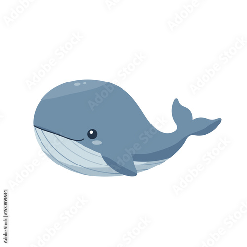 Cartoon blue whale with big head, visible tail, and ventral pleats against a white background