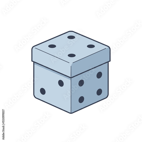 Simplified isometric view of pale blue die with black pips, against a white background
