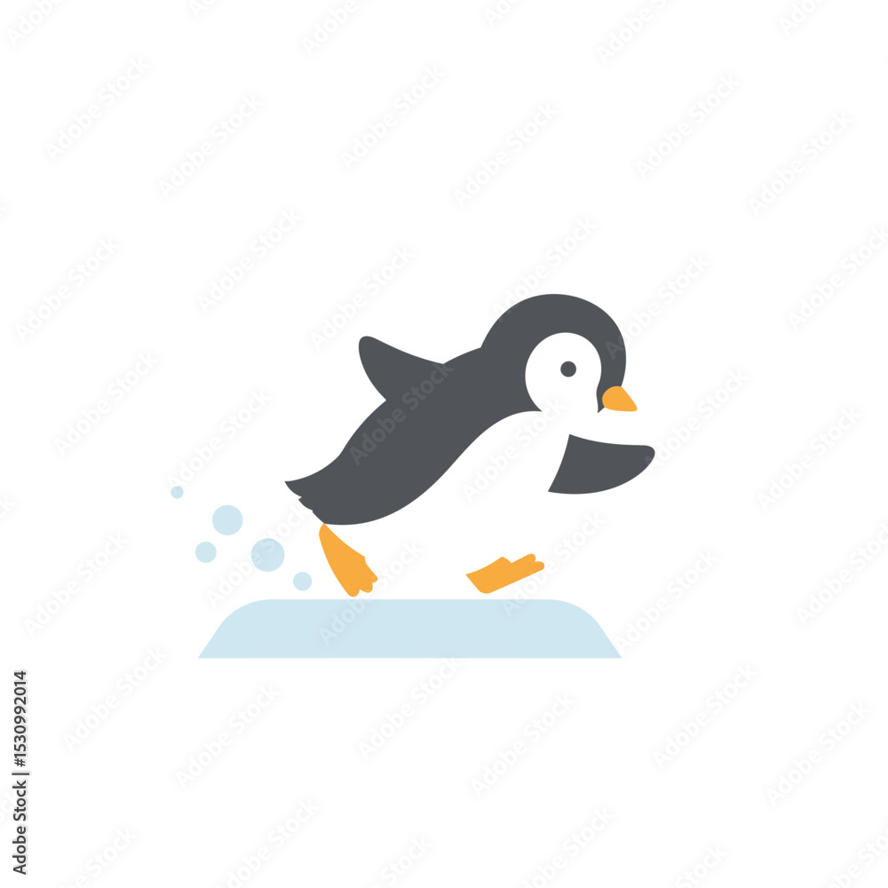 Obraz premium Cartoon penguin illustration running at speed with small blue circle dust clouds against a white backdrop