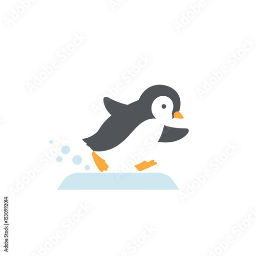 Cartoon penguin illustration running at speed with small blue circle dust clouds against a white backdrop