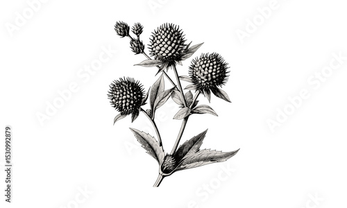 Echinops Sphaerocephalus Engraving Flowering Branch Vintage Illustration, botanical art, nature illustration, antique floral design, intricate line art, plant sketch, vector illustration.