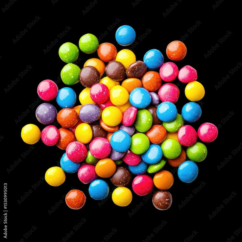 Obraz premium Colorful candy coated chocolates create vibrant and playful display against black background, evoking sense of joy and sweetness. These treats are perfect for celebrations or as delightful snack