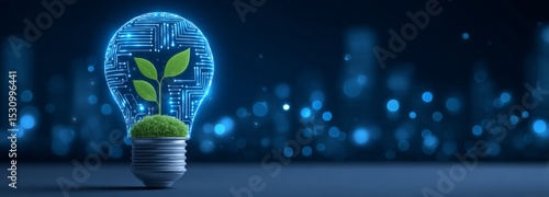 Development concept for energy conservation is embodied by the image of a small tree paired with an energy efficient lightbulb, relating to electricity savings