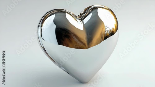 A silver heart is sitting on a white background. The heart is shiny and reflective, giving it a sense of elegance and sophistication. The white background emphasizes the heart's shine