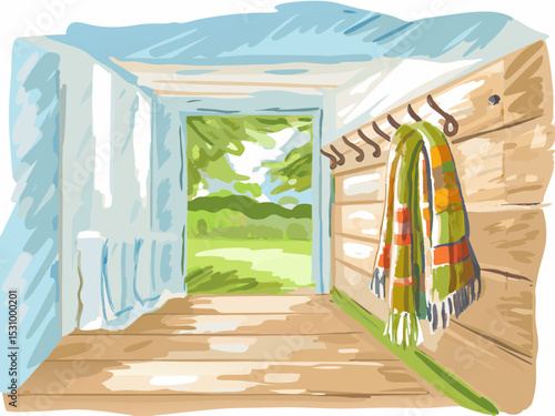 Cozy interior with a colorful blanket and open door to nature  