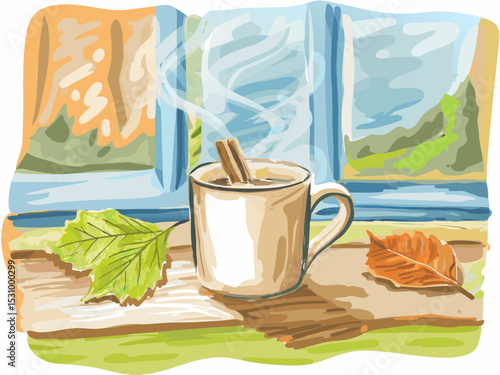 Hot beverage in cozy mug with cinnamon sticks by window in autumn  