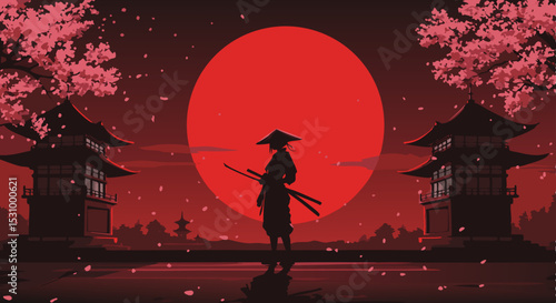 Lone female samurai with katana drawn facing giant red moon in stylized Japanese temple courtyard
