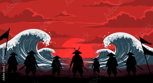 Abstract battlefield with samurai shadows facing powerful ocean waves under blood-red sunset