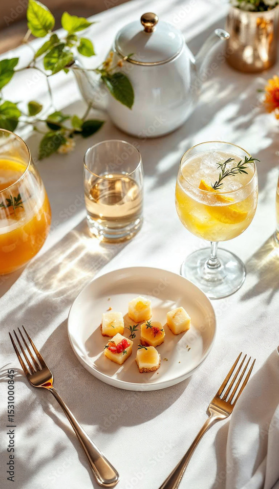 Elegant cocktail and gourmet appetizer on white linen, bathed in soft natural light.
Elegant cocktail and gourmet appetizer on white linen, bathed in soft natural light.