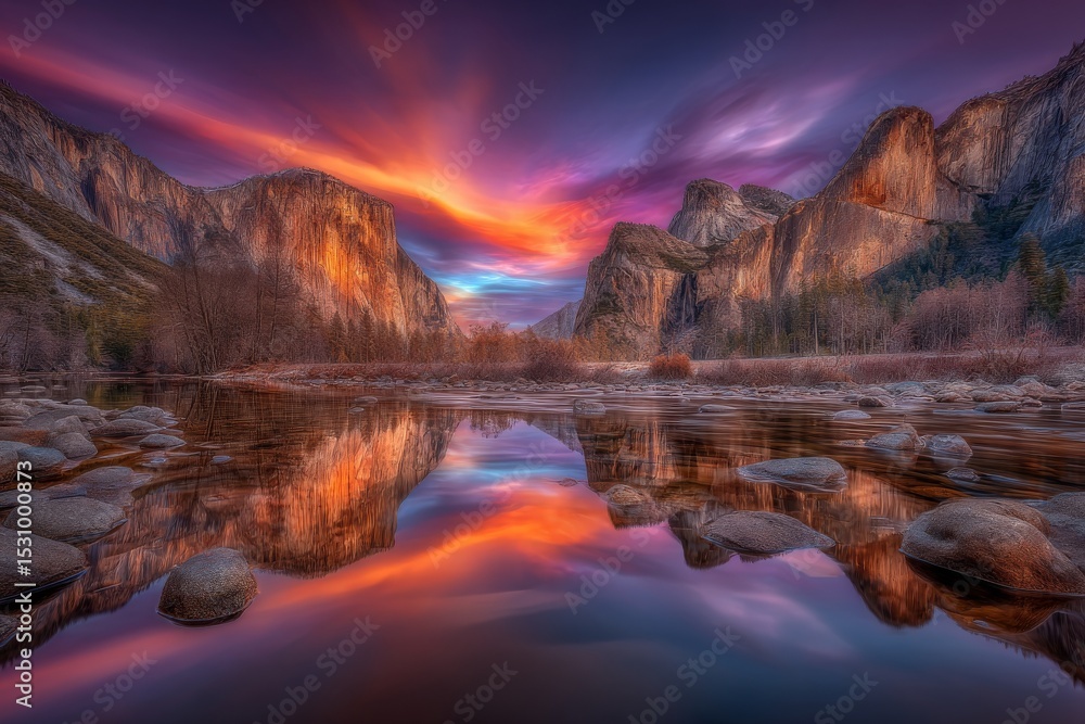 Naklejka premium From the Merced river, Yosemite valley presents a beautiful view of half dome and el capitan