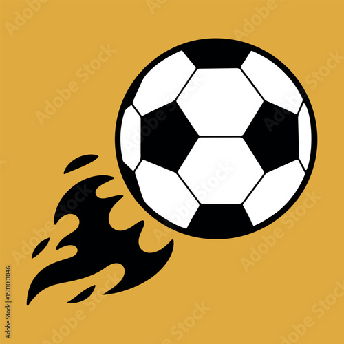 Flaming Soccer Ball Vector Icon – Black and White Football on Yellow Background, football, soccer, ball, flames, fire, sport