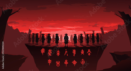 Circle of samurai in ritual formation on cliff edge beneath glowing crimson sky and mystical ancient symbols

