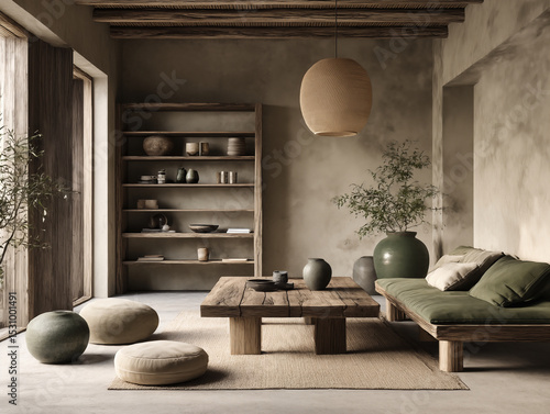 Wabi sabi and japandi japanese style rustic interior with white and moss green walls with wood, pottery and texture elements