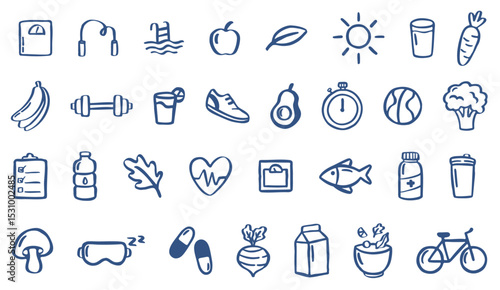 healthy lifestyle doodle icon - hand drawn illustration set