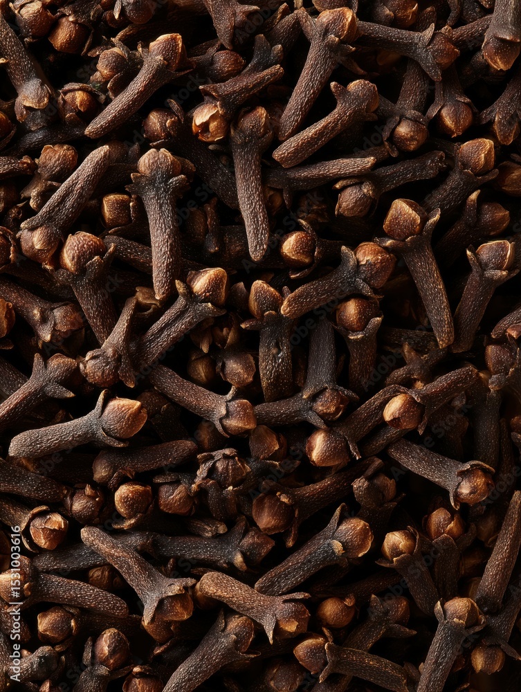 A close up shot showing a dense pile of dried brown cloves filling the entire frame evenly spaced A close up shot showing a dense pile of dried brown cloves filling the entire frame evenly spaced