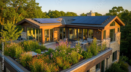 Exterior view of a modern house with solar panels and a rooftop garden, surrounded by trees.