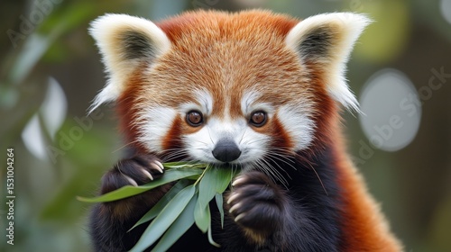 Cute red panda chewing bamboo leaf with soft fur detail and blurred green background. Concept of wildlife tenderness