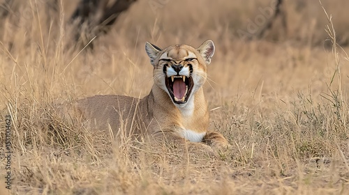 Cougar Yawning in Grassy Field with Teeth Display Wildlife Portrait