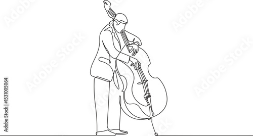 Jazz musician playing the double bass in continuous line drawing style. Minimalist double bass player in black linear sketch isolated on white background. Vector illustration