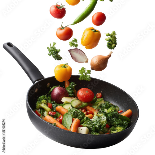Assorted vegetables falling into a black frying pan with a black handle on a black background