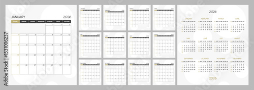 Monthly calendar square planner schedule for 2026 year. Week Starts on Sunday