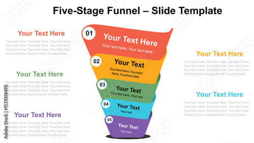 Five stage funnel slide template for PPT.  Fully editable vector SVG file compatible with PowerPoint, Illustrator, and most vector-based applications. Ideal for presentations, infographics.