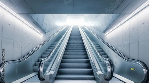An escalator ascends in a contemporary subway station featuring polished surfaces and bright overhead lights