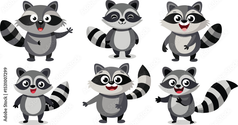 set of funny cartoon raccoon set of funny cartoon raccoon