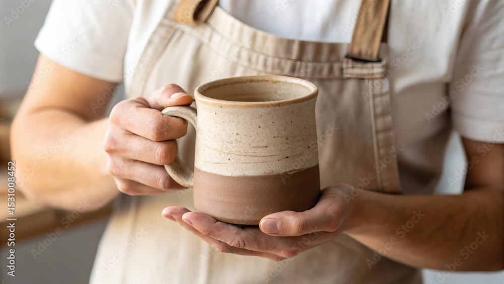 Close-up handmade clay mug held by craftsman hands in minimalist studio with natural light and authentic craftsmanship vibe Close-up handmade clay mug held by craftsman hands in minimalist studio with natural light and authentic craftsmanship vibe