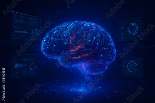 Futuristic Artificial Intelligence Brain with Glowing Circuits and Holographic Interface