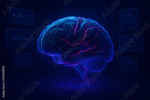 Futuristic Artificial Intelligence Brain with Glowing Circuits and Holographic Interface